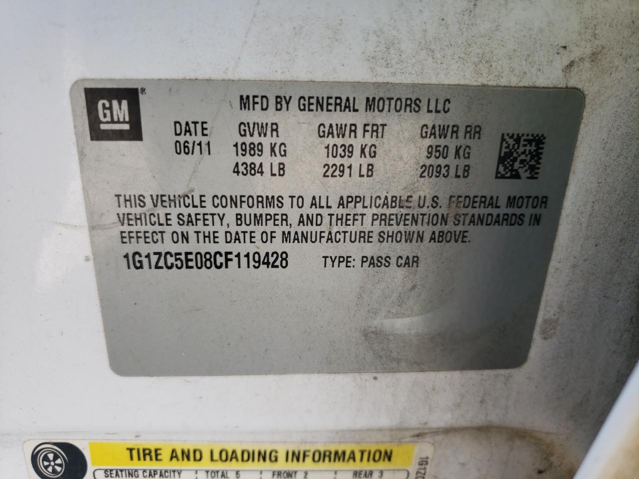 Photo 10 from auction – 2012 CHEVROLET MALIBU 1LT with VIN 1G1ZC5E08CF119428