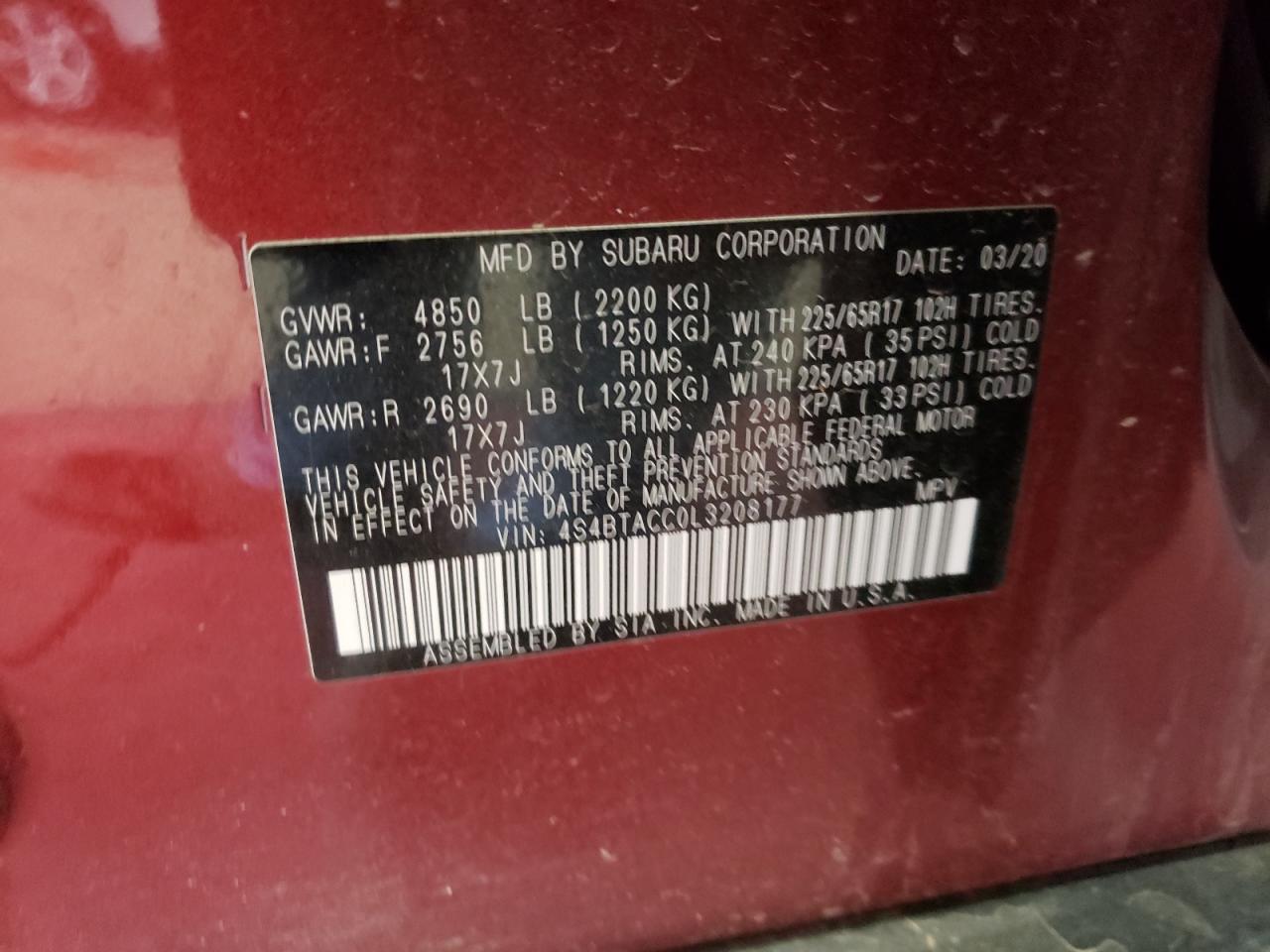 Photo 10 from auction – 2020 SUBARU OUTBACK PR with VIN 4S4BTACC0L3208177