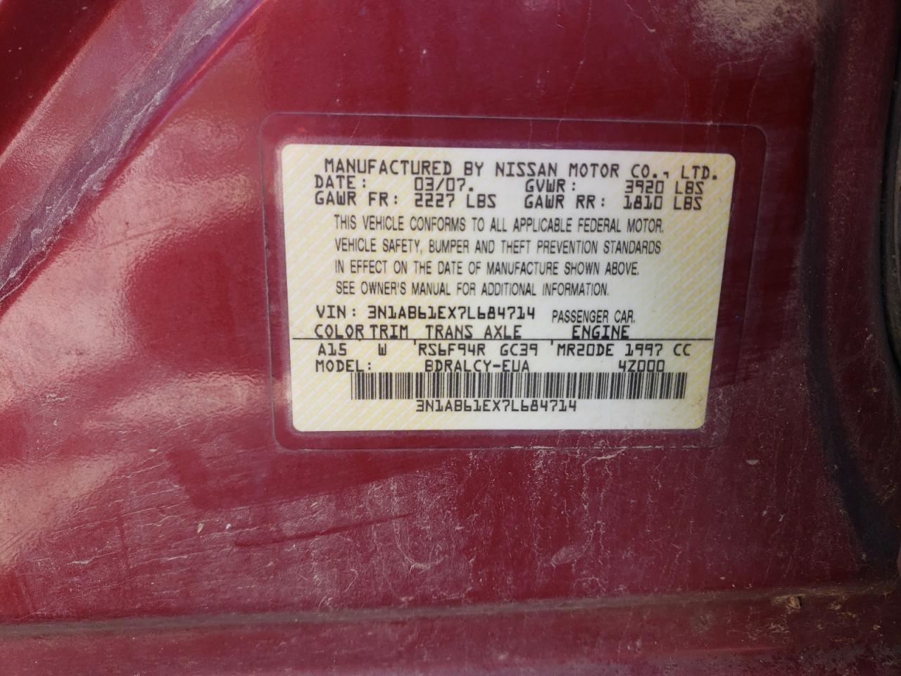 Photo 10 from auction – 2007 NISSAN SENTRA with VIN 3N1AB61EX7L684714