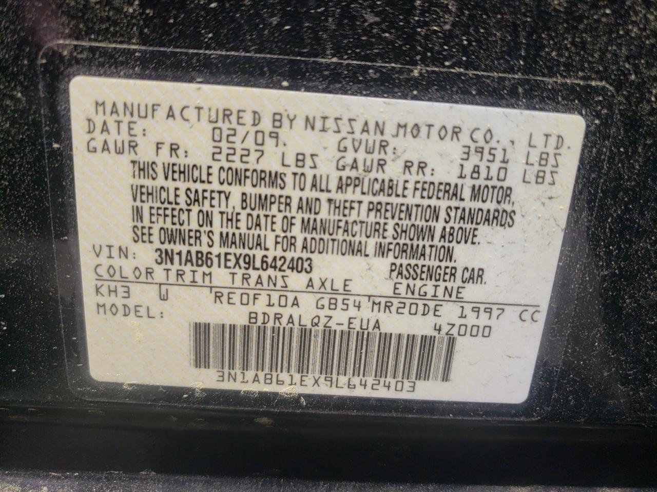 Photo 10 from auction – 2009 NISSAN SENTRA 2.0 with VIN 3N1AB61EX9L642403