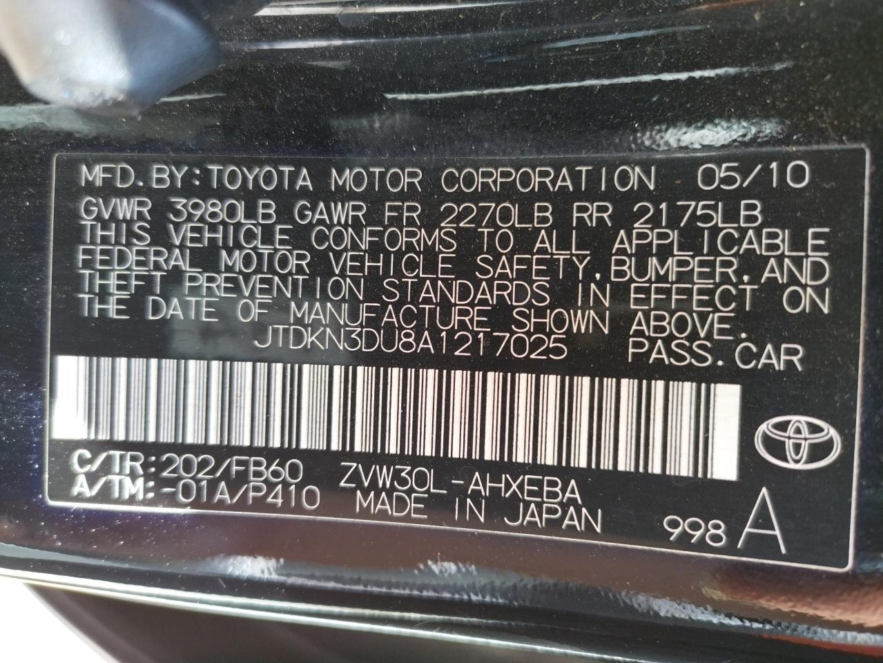 Photo 10 from auction – 2010 TOYOTA PRIUS with VIN JTDKN3DU8A1217025