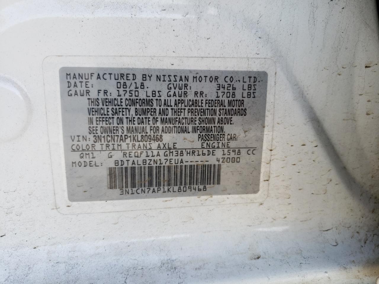 Photo 10 from auction – 2019 NISSAN VERSA S with VIN 3N1CN7AP1KL809468