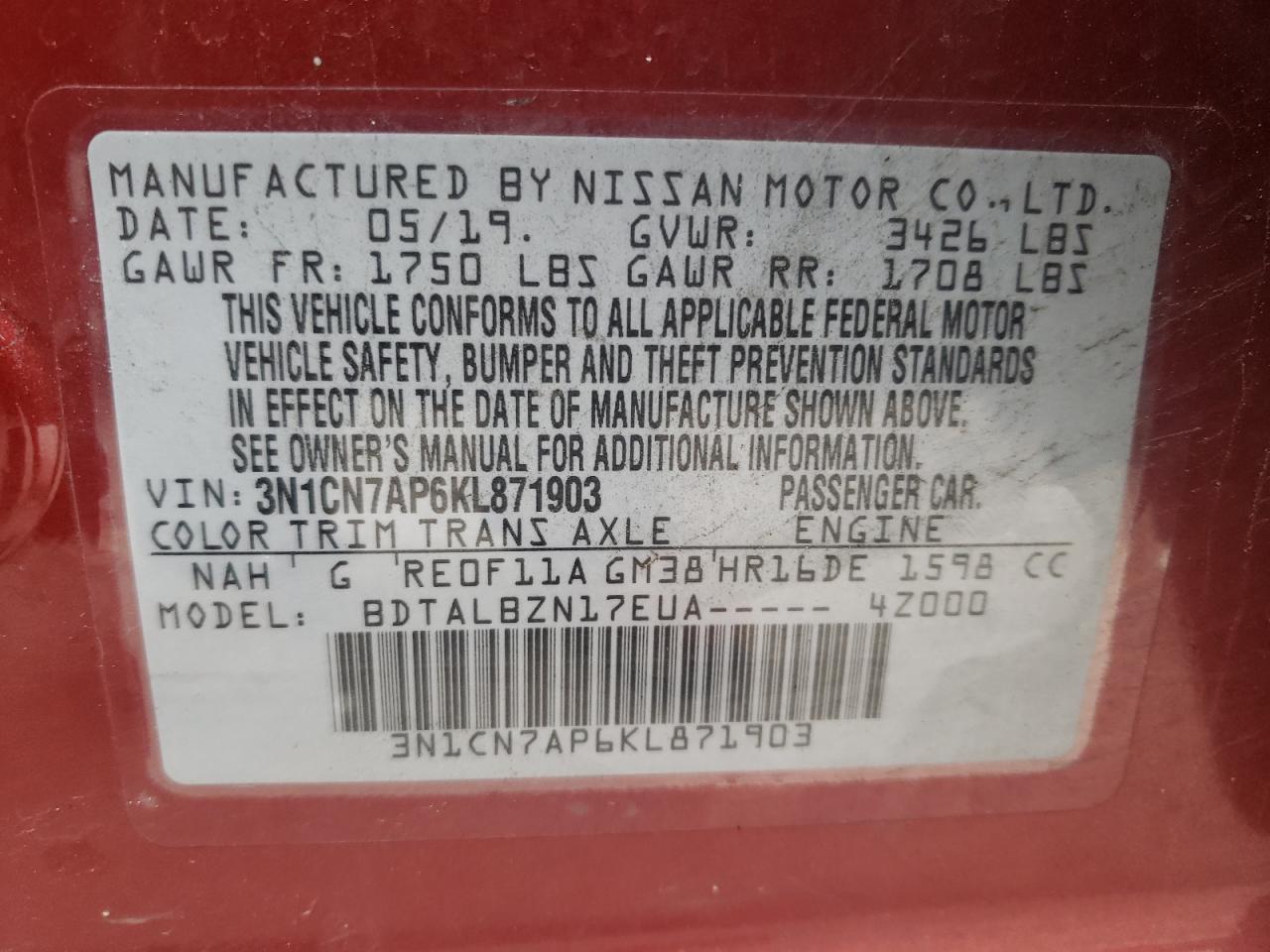 Photo 10 from auction – 2019 NISSAN VERSA S with VIN 3N1CN7AP6KL871903
