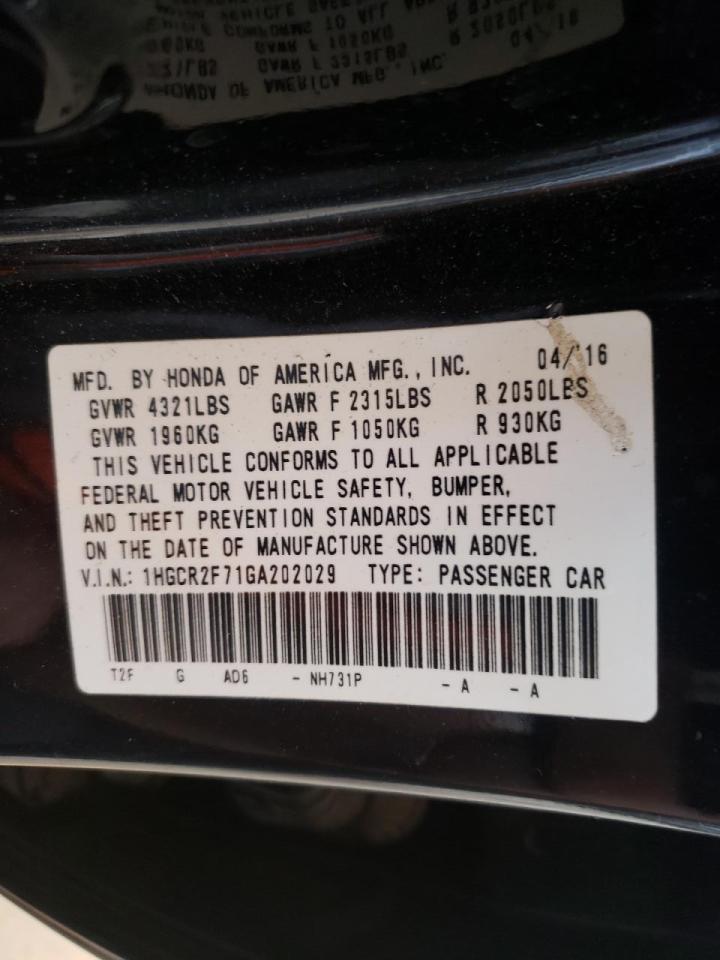 Photo 10 from auction – 2016 HONDA ACCORD EX with VIN 1HGCR2F71GA202029