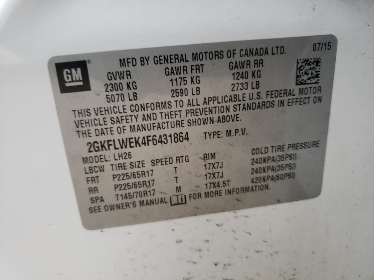 Photo 10 from auction – 2015 GMC TERRAIN SL with VIN 2GKFLWEK4F6431864