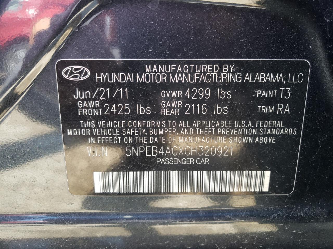 Photo 10 from auction – 2012 HYUNDAI SONATA GLS with VIN 5NPEB4ACXCH320921