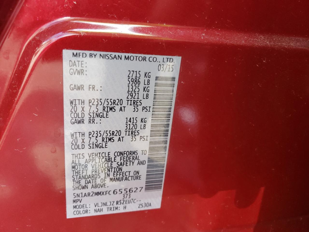 Photo 10 from auction – 2015 NISSAN PATHFINDER with VIN 5N1AR2MMXFC655627