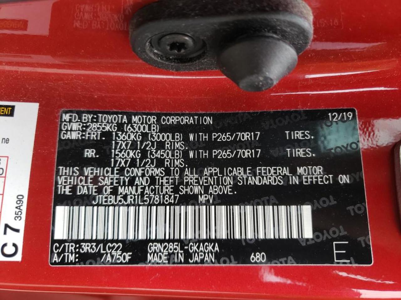 Photo 10 from auction – 2020 TOYOTA 4RUNNER SR with VIN JTEBU5JR1L5781847