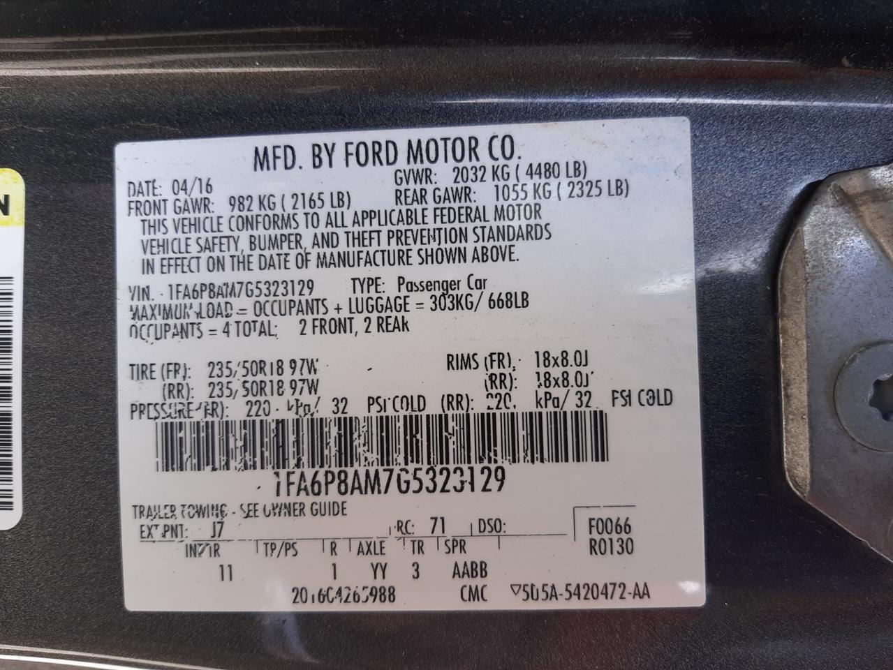 Photo 10 from auction – 2016 FORD MUSTANG with VIN 1FA6P8AM7G5323129