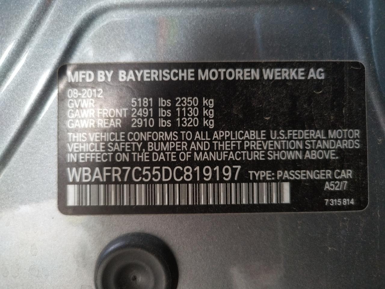 Photo 10 from auction – 2013 BMW 535 I with VIN WBAFR7C55DC819197