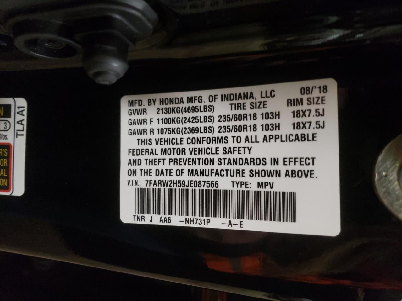 Photo 10 from auction – 2018 HONDA CR-V EX with VIN 7FARW2H59JE087566