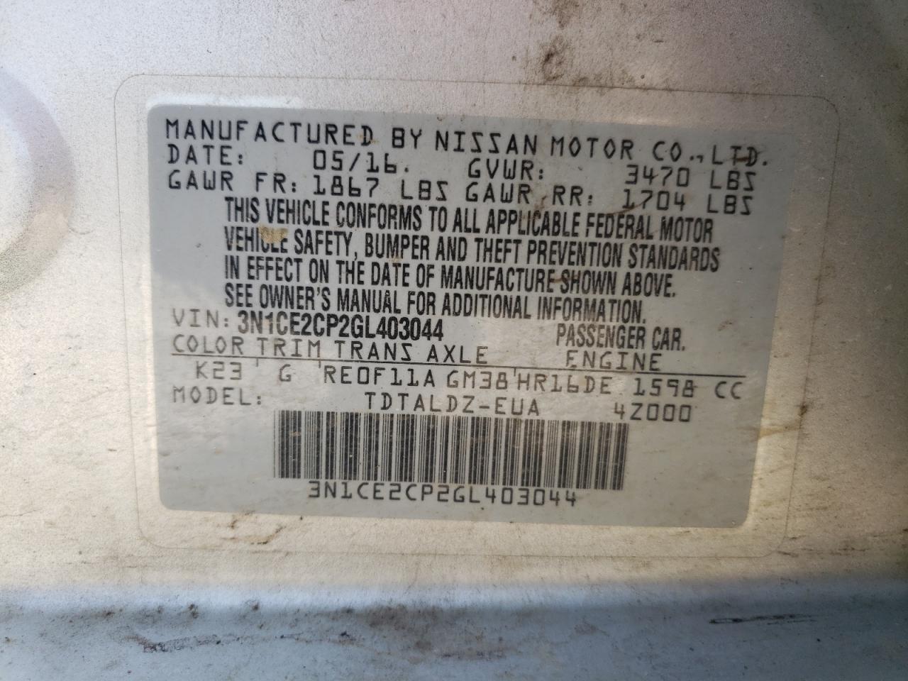 Photo 10 from auction – 2016 NISSAN VERSA NOTE with VIN 3N1CE2CP2GL403044