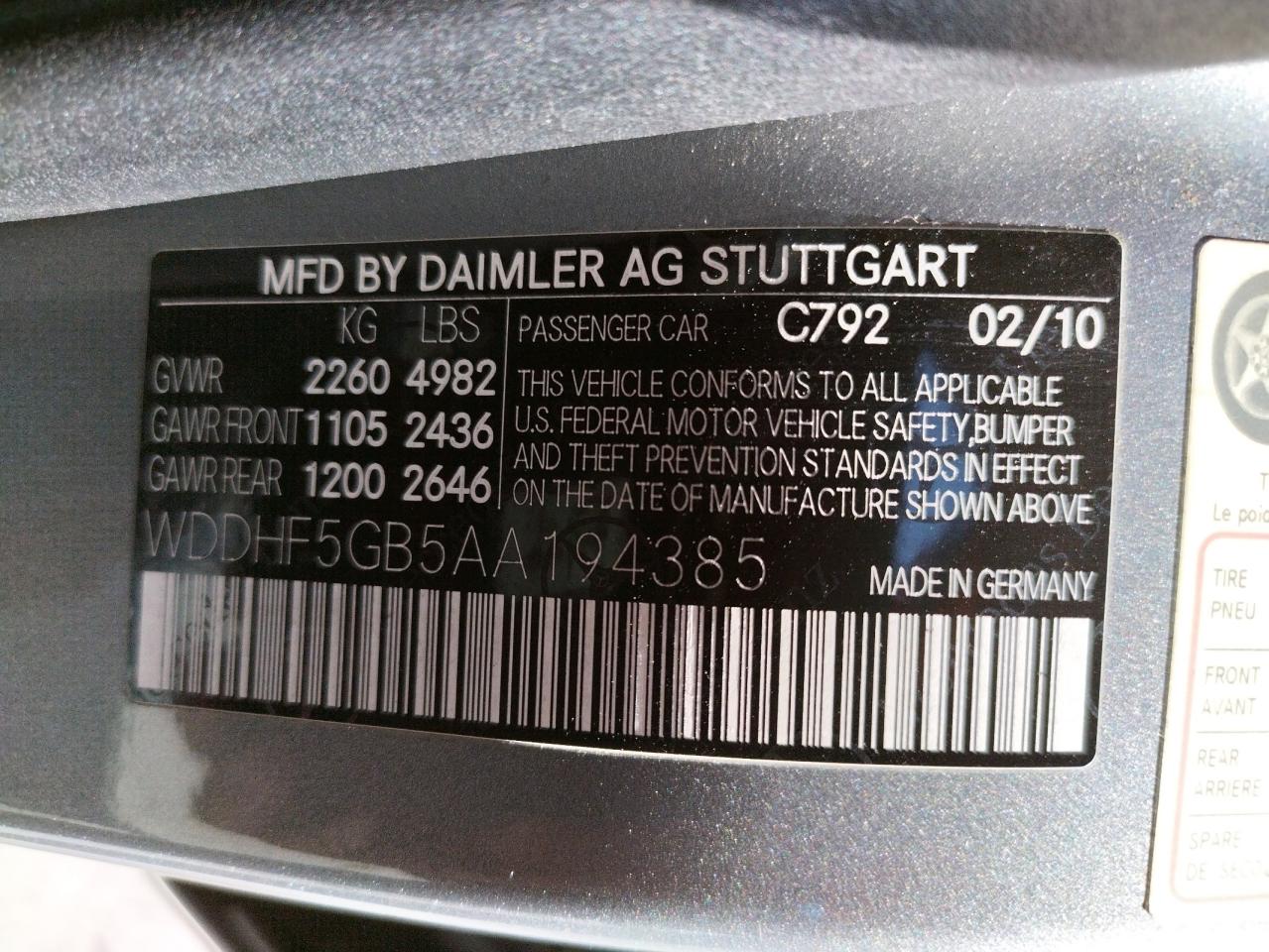 Photo 10 from auction – 2010 MERCEDES-BENZ E 350 with VIN WDDHF5GB5AA194385