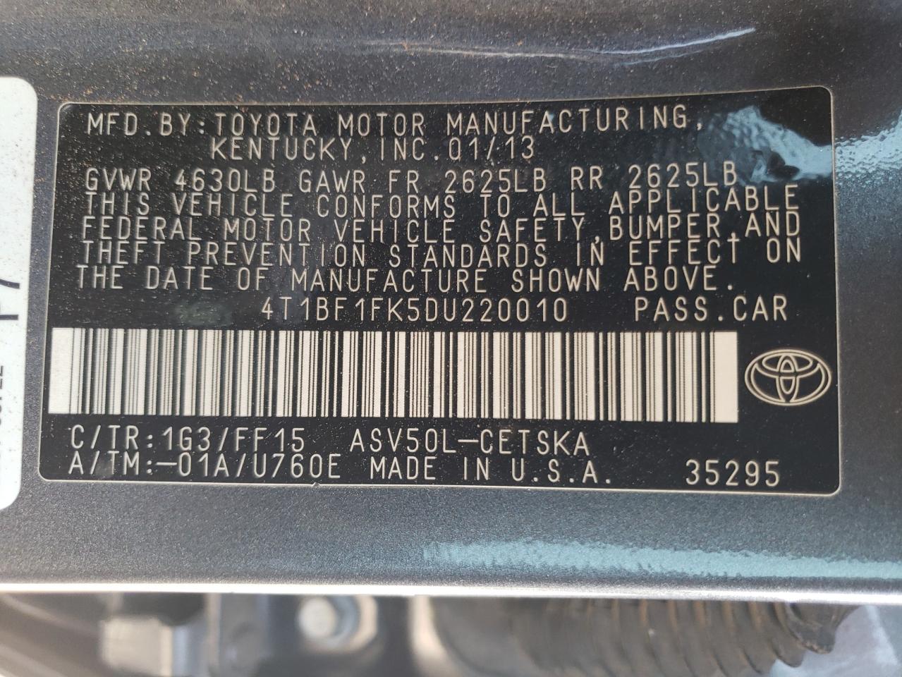 Photo 10 from auction – 2013 TOYOTA CAMRY L with VIN 4T1BF1FK5DU220010