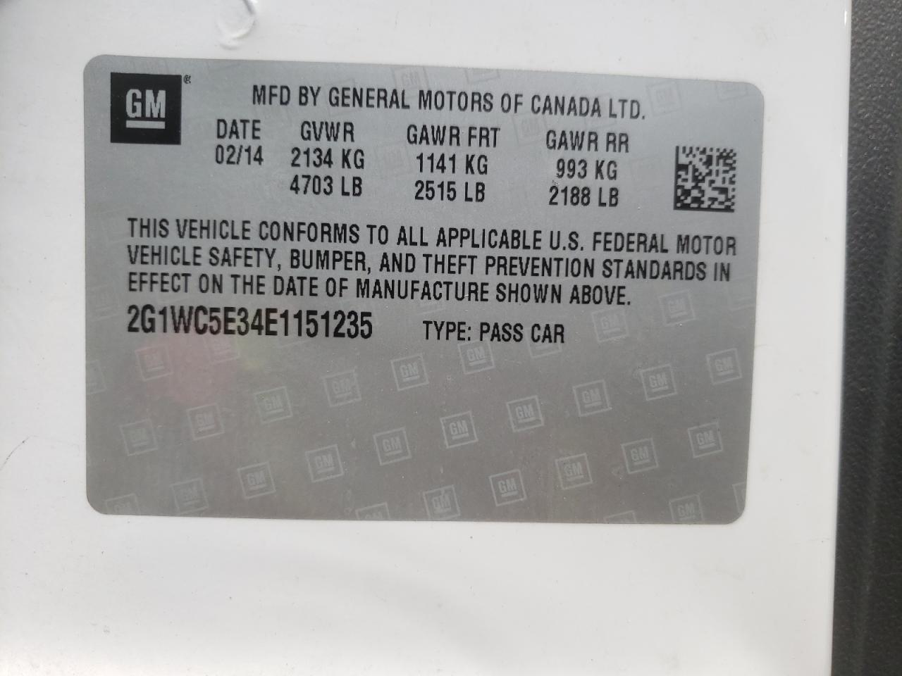 Photo 11 from auction – 2014 CHEVROLET IMPALA LIM with VIN 2G1WC5E34E1151235