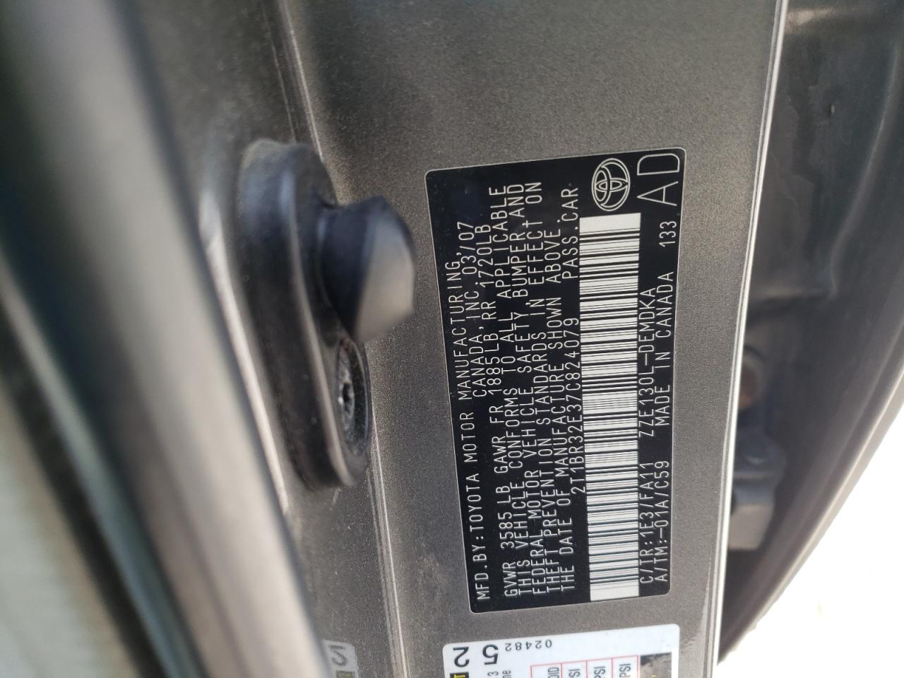 Photo 10 from auction – 2007 TOYOTA COROLLA CE with VIN 2T1BR32E37C824079