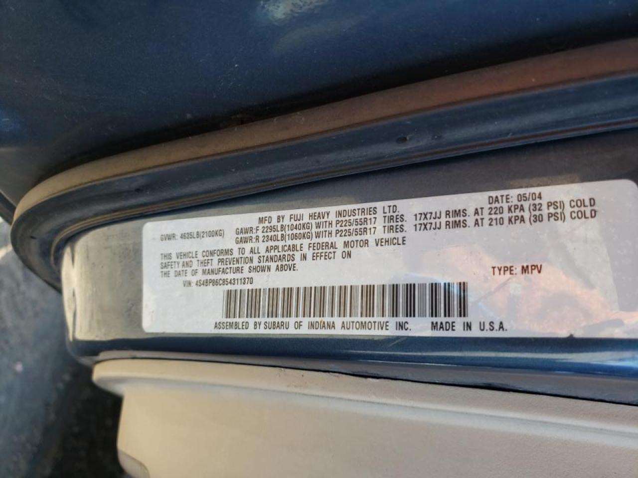 Photo 10 from auction – 2005 SUBARU LEGACY OUT with VIN 4S4BP86C854311370