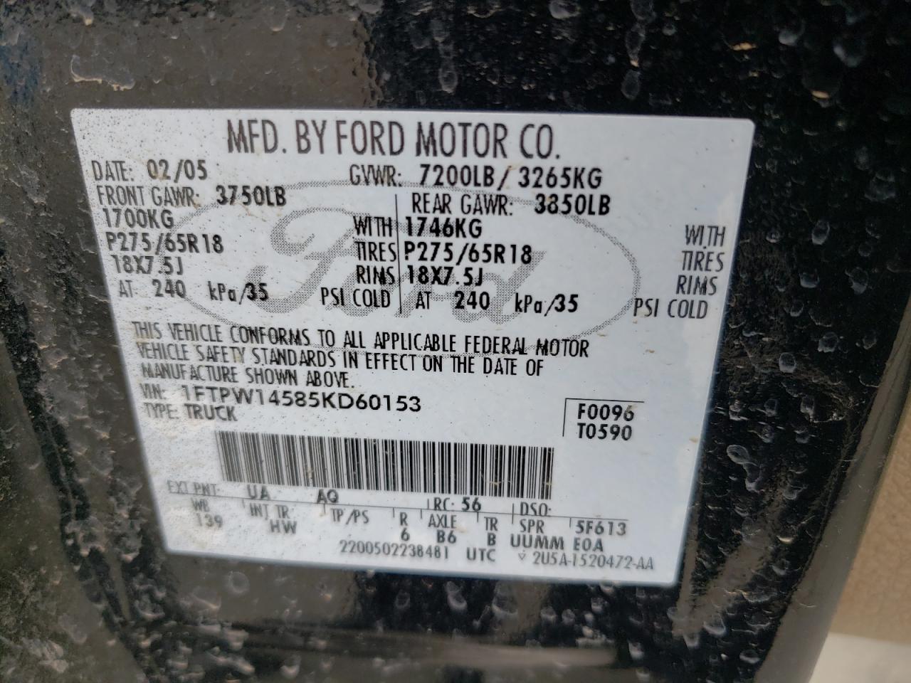 Photo 10 from auction – 2005 FORD F150 SUPER with VIN 1FTPW14585KD60153