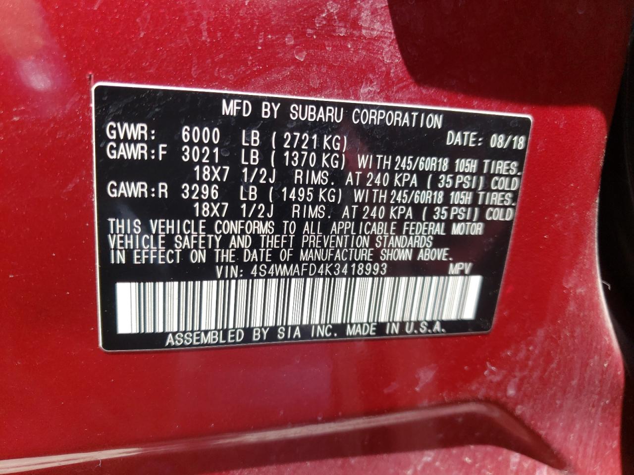 Photo 10 from auction – 2019 SUBARU ASCENT PRE with VIN 4S4WMAFD4K3418993