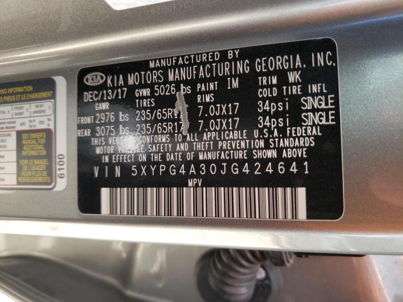Photo 10 from auction – 2018 KIA SORENTO LX with VIN 5XYPG4A30JG424641