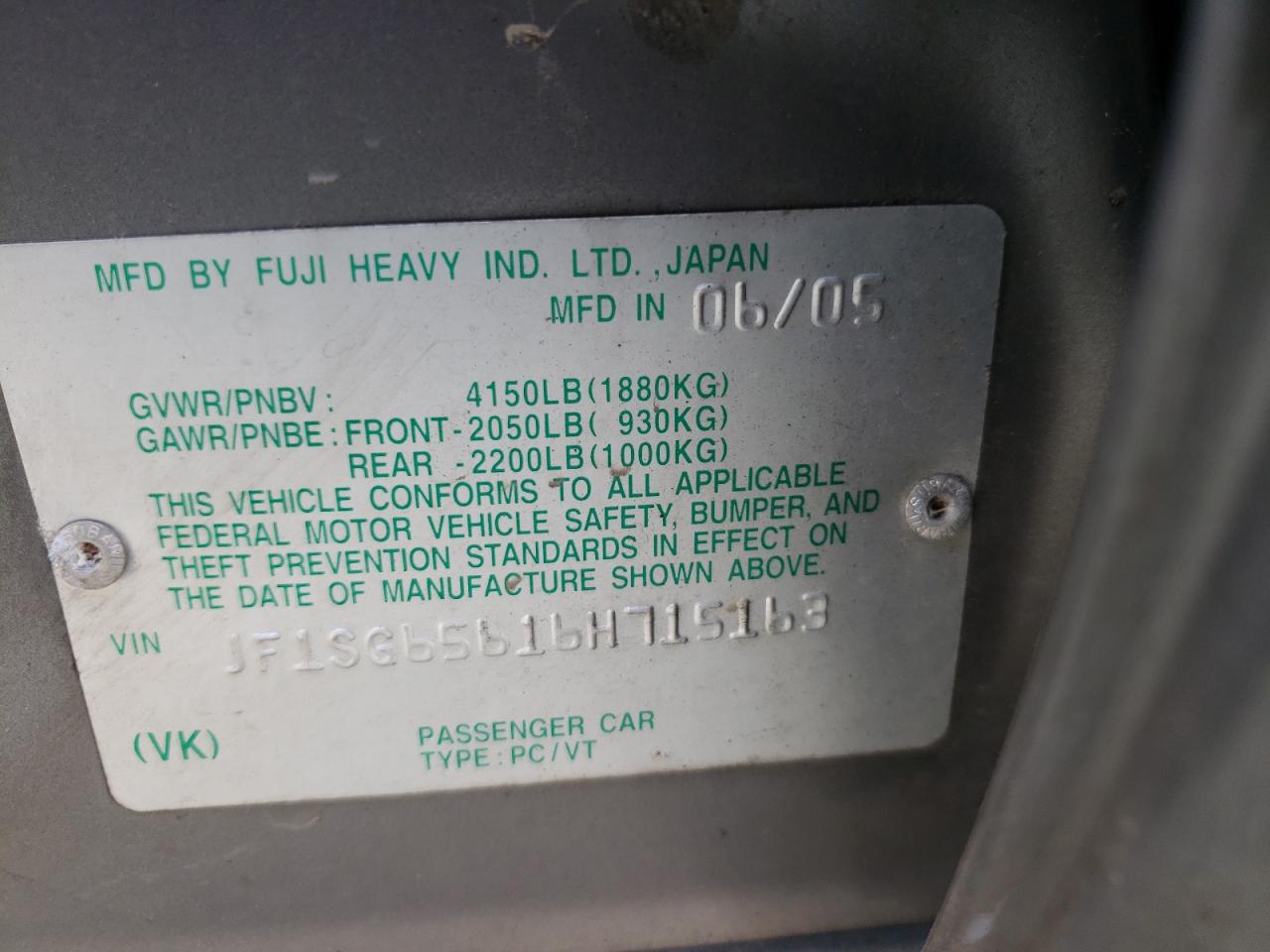 Photo 10 from auction – 2006 SUBARU FORESTER 2 with VIN JF1SG65616H715163