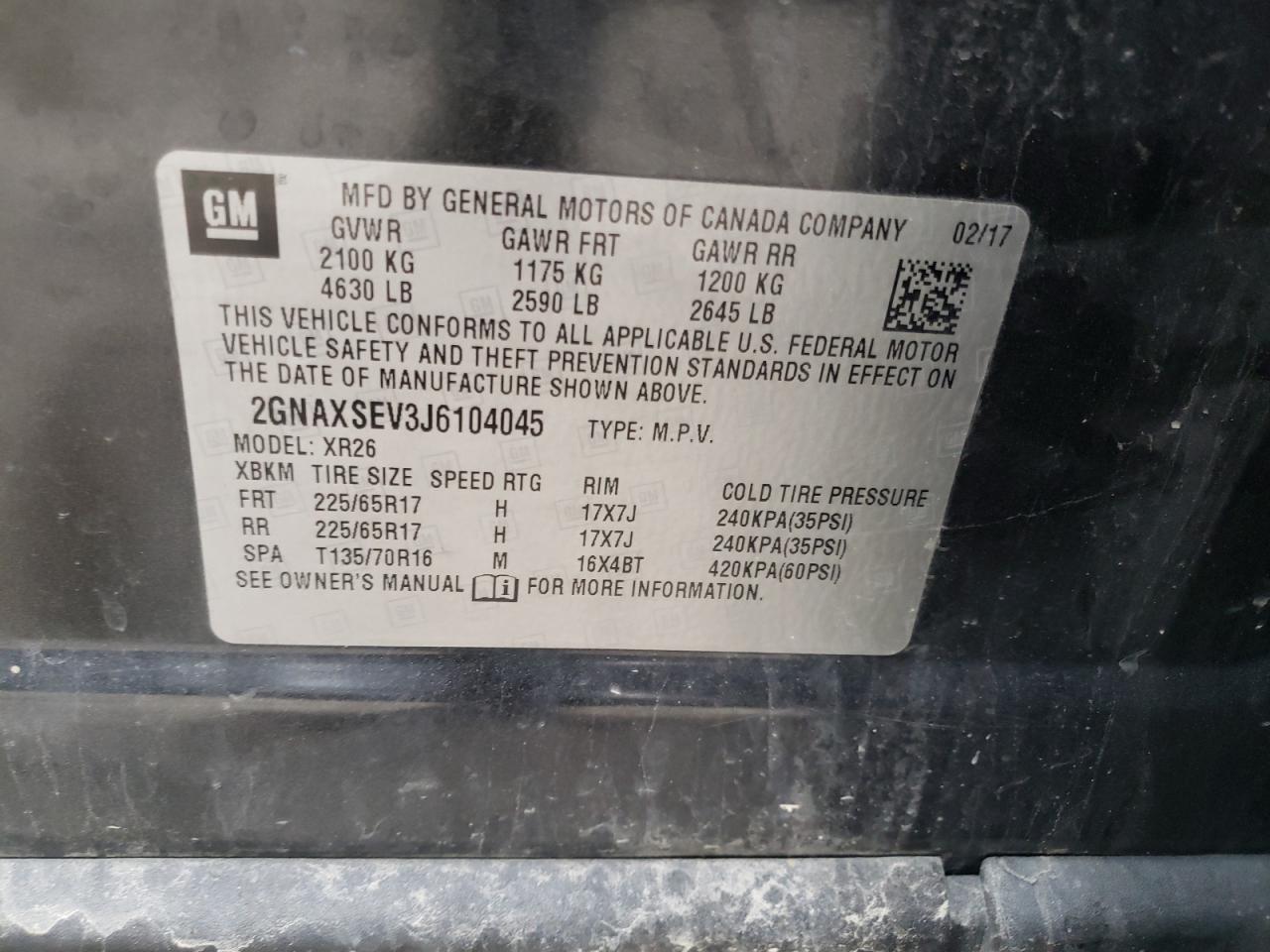 Photo 10 from auction – 2018 CHEVROLET EQUINOX LT with VIN 2GNAXSEV3J6104045