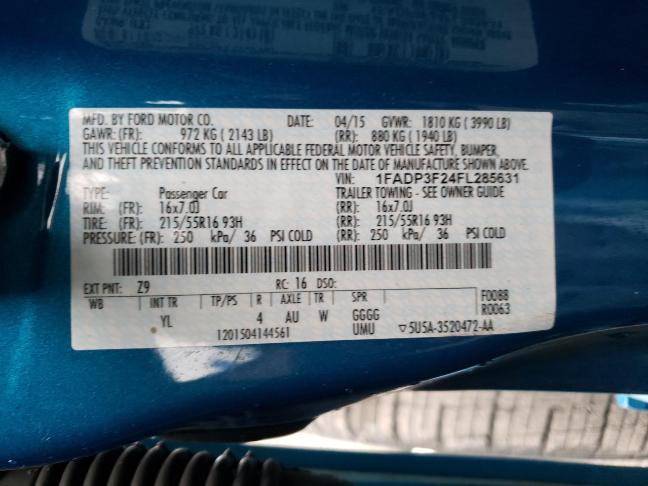 Photo 10 from auction – 2015 FORD FOCUS SE with VIN 1FADP3F24FL285631