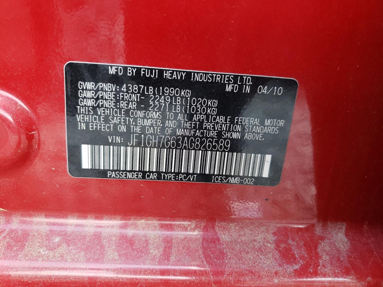 Photo 10 from auction – 2010 SUBARU IMPREZA WR with VIN JF1GH7G63AG826589
