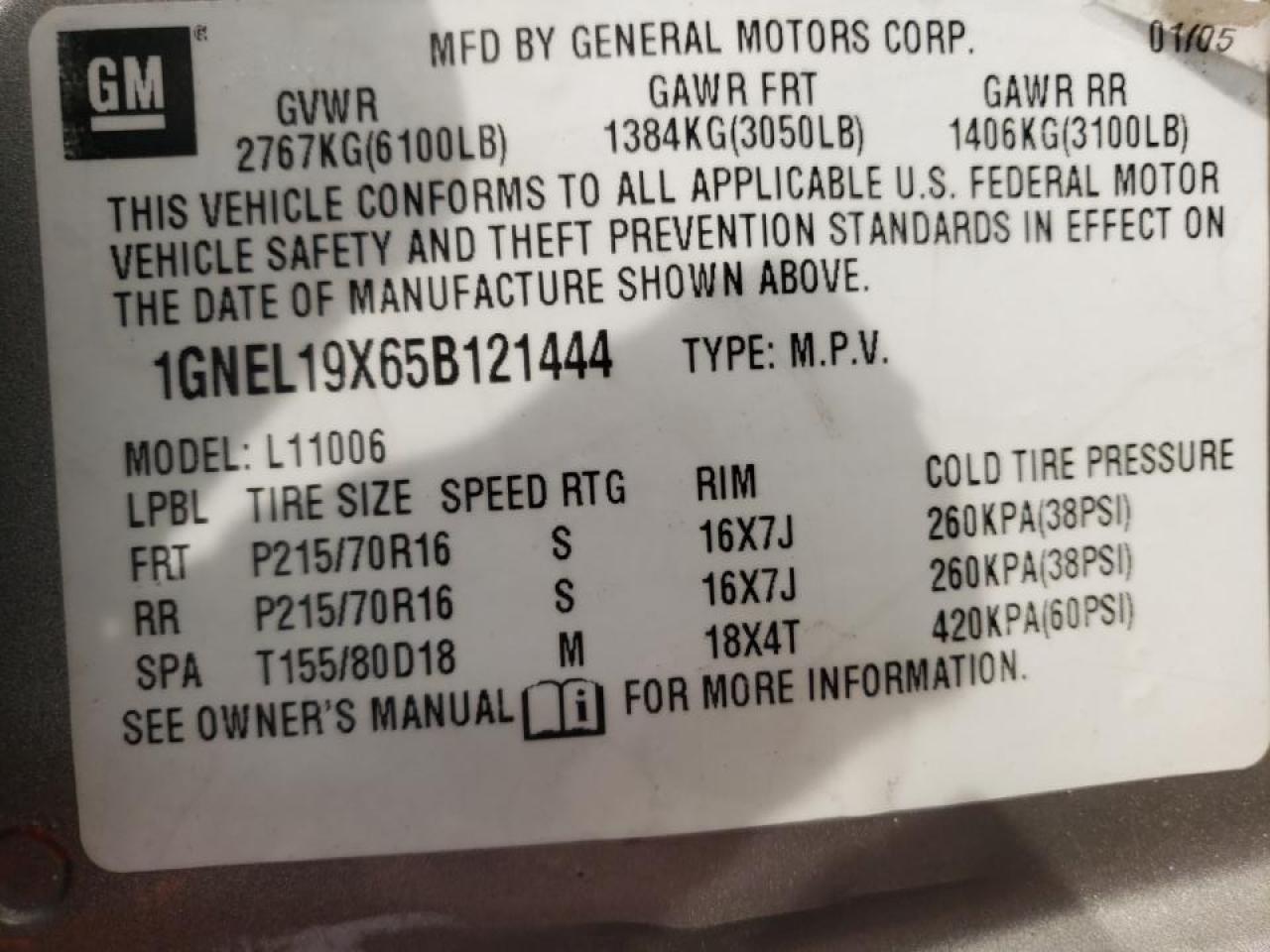 Photo 10 from auction – 2005 CHEVROLET ASTRO with VIN 1GNEL19X65B121444