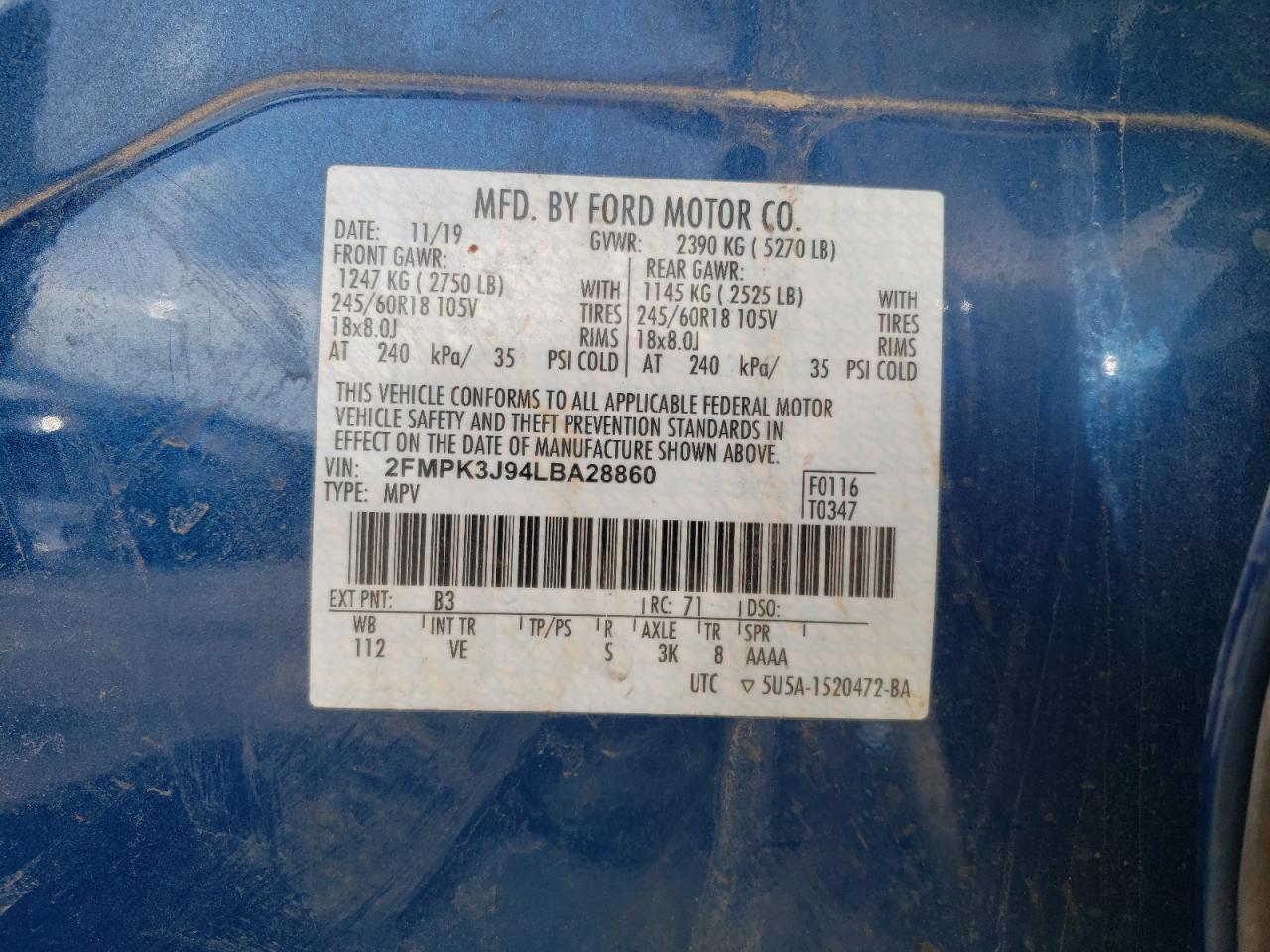 Photo 10 from auction – 2020 FORD EDGE SEL with VIN 2FMPK3J94LBA28860