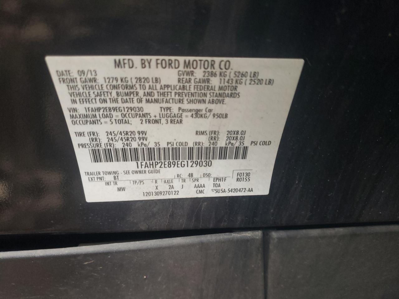 Photo 10 from auction – 2014 FORD TAURUS SEL with VIN 1FAHP2E89EG129030