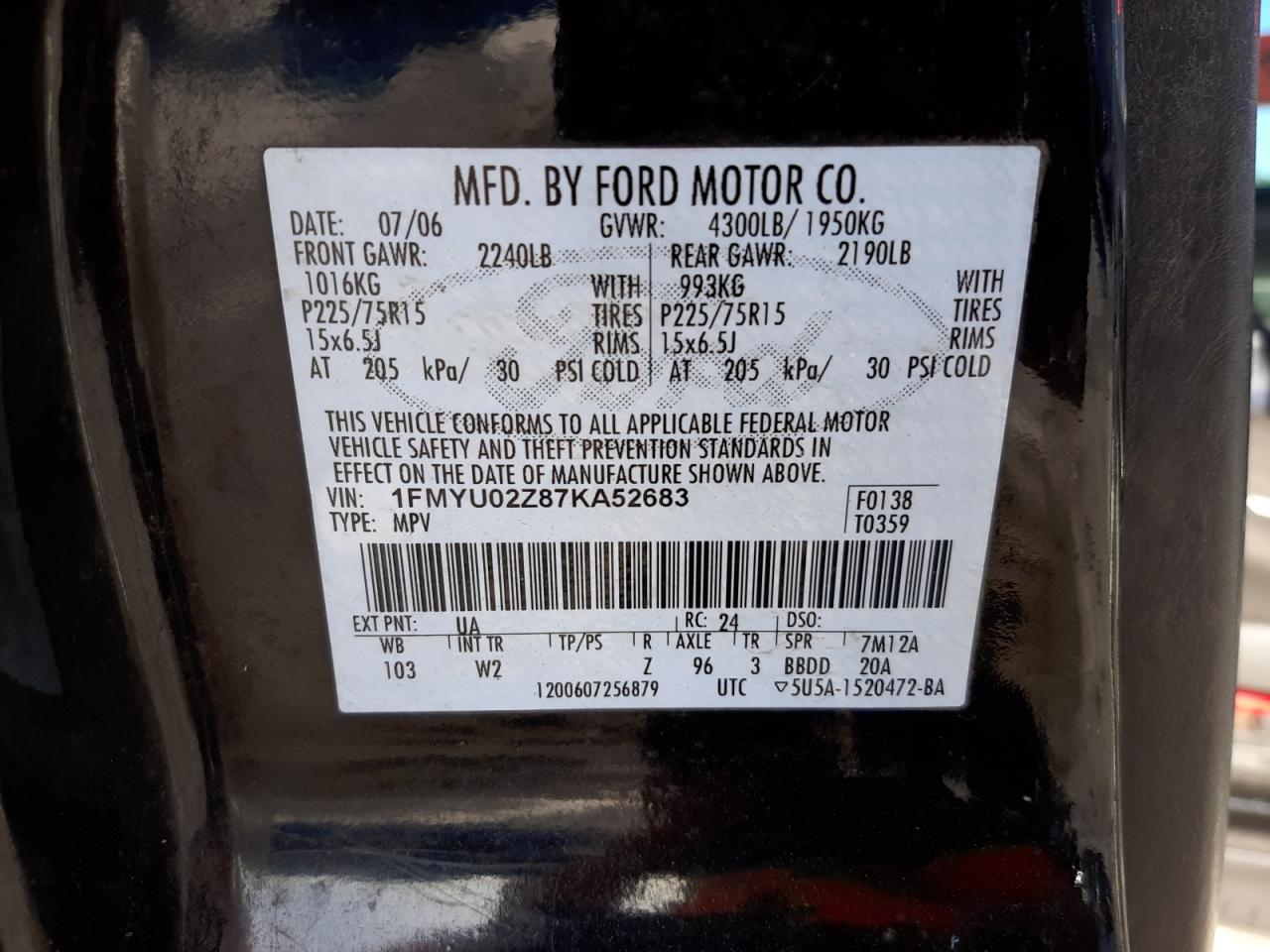 Photo 10 from auction – 2007 FORD ESCAPE XLS with VIN 1FMYU02Z87KA52683
