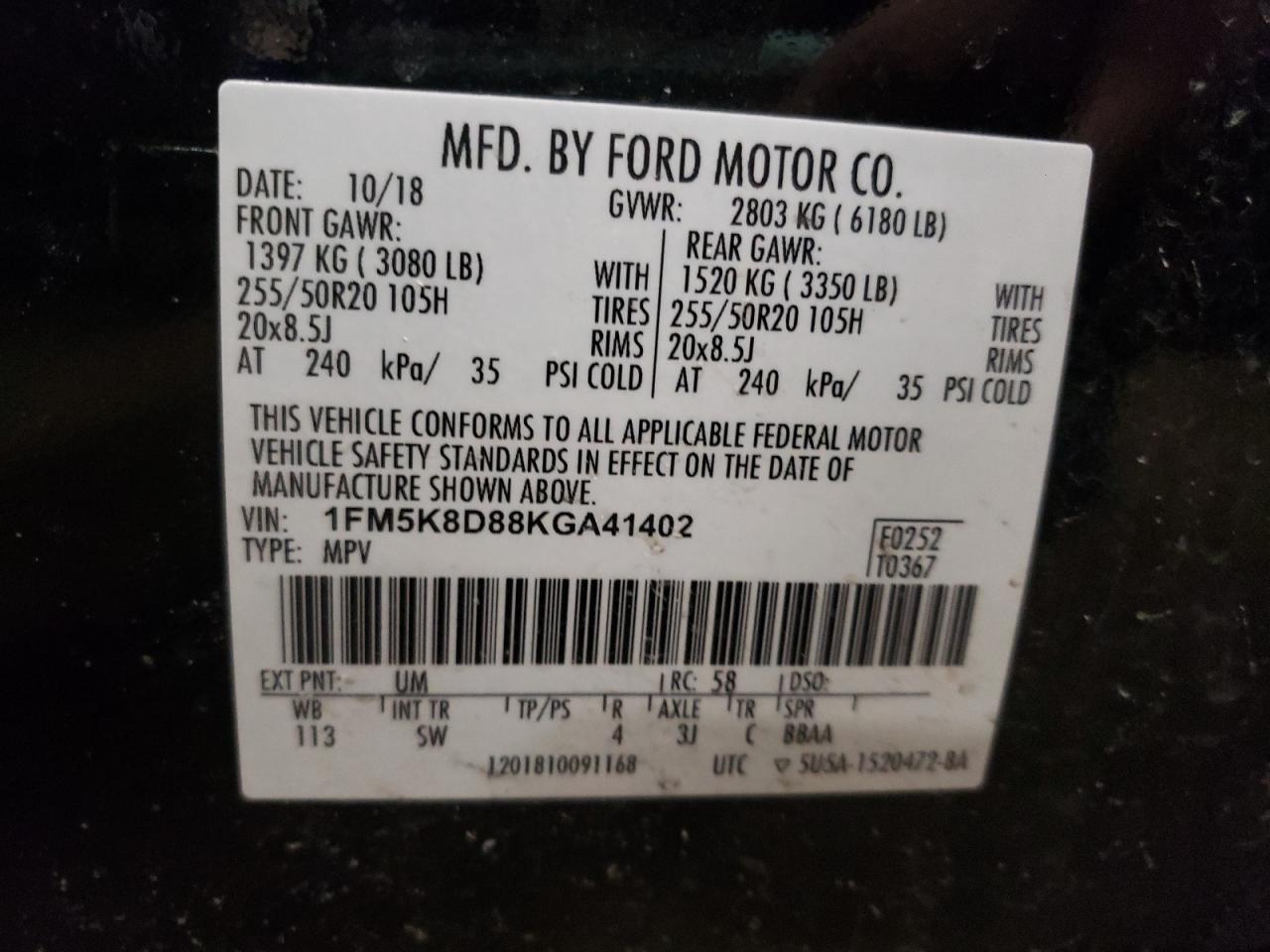Photo 10 from auction – 2019 FORD EXPLORER X with VIN 1FM5K8D88KGA41402