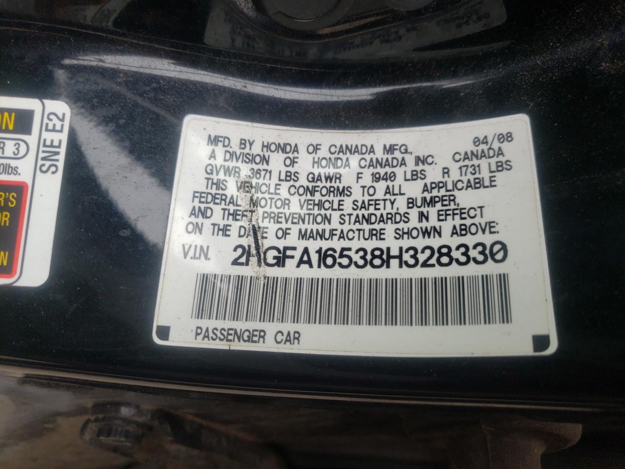 Photo 10 from auction – 2008 HONDA CIVIC with VIN 2HGFA16538H328330