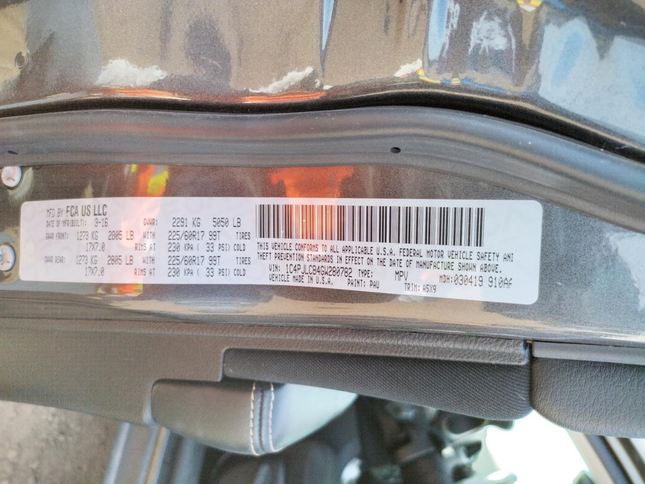 Photo 10 from auction – 2016 JEEP CHEROKEE L with VIN 1C4PJLCB4GW280782