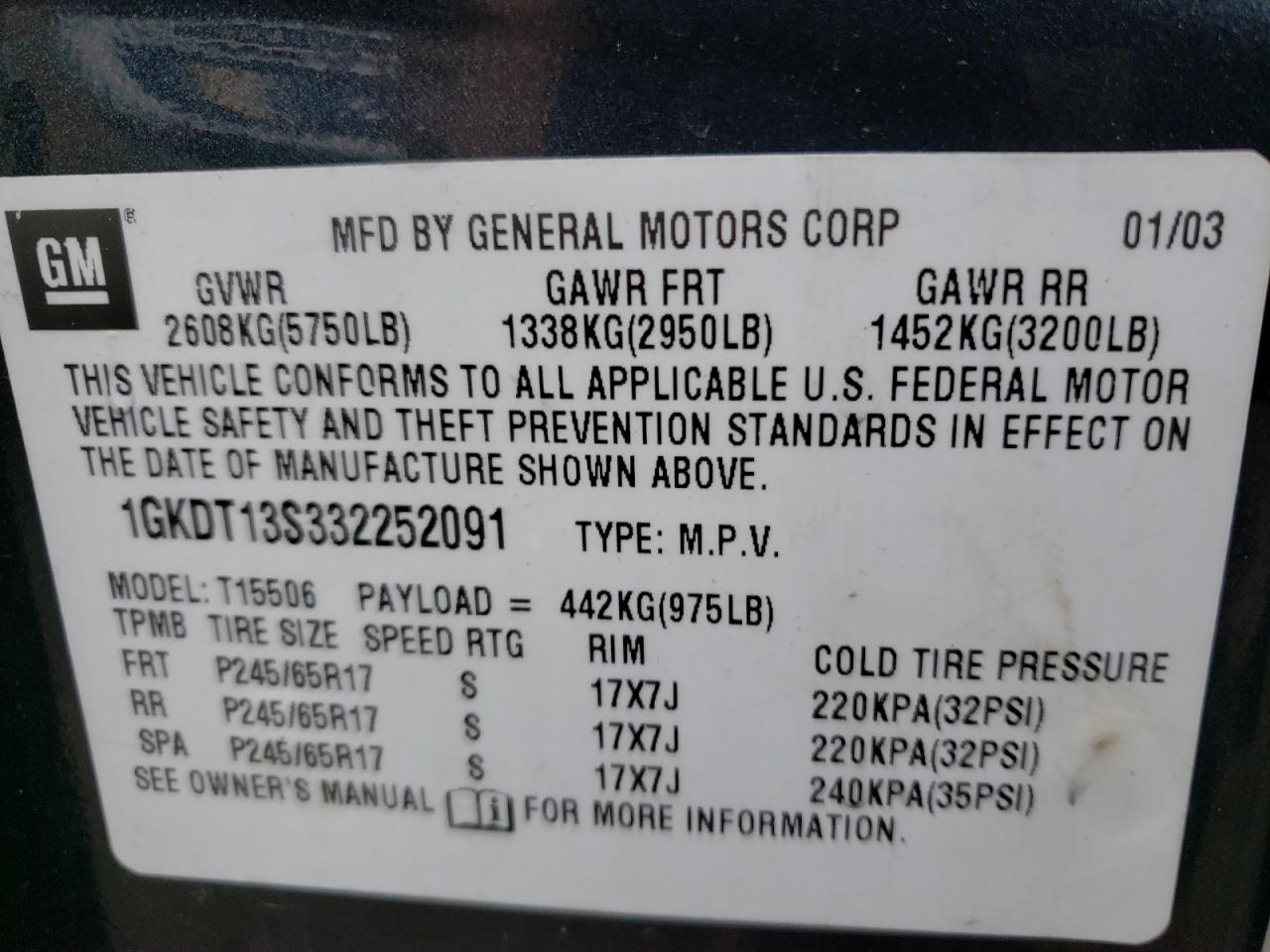 Photo 10 from auction – 2003 GMC ENVOY with VIN 1GKDT13S332252091
