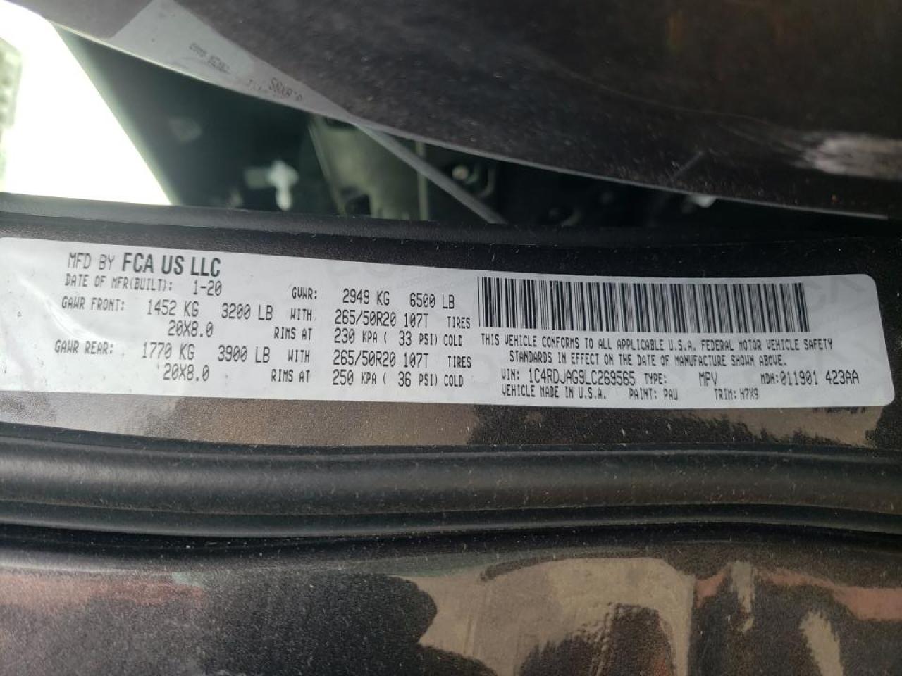 Photo 10 from auction – 2020 DODGE DURANGO SX with VIN 1C4RDJAG9LC269565