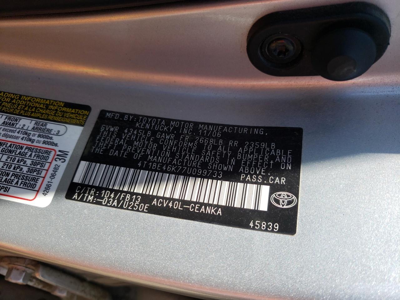 Photo 10 from auction – 2007 TOYOTA CAMRY CE with VIN 4T1BE46K77U099733