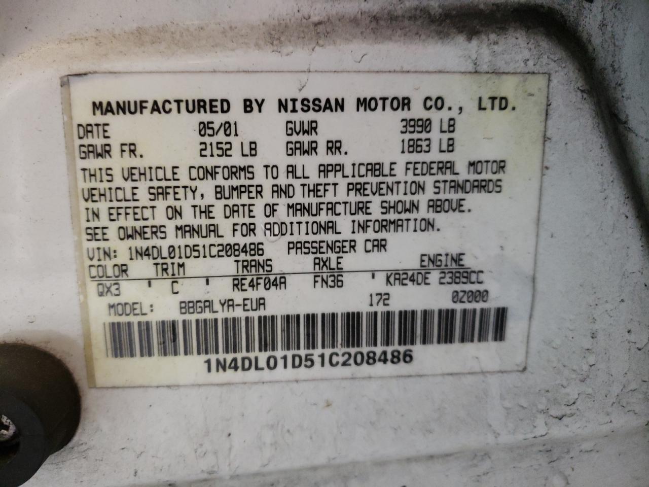 Photo 10 from auction – 2001 NISSAN ALTIMA XE with VIN 1N4DL01D51C208486