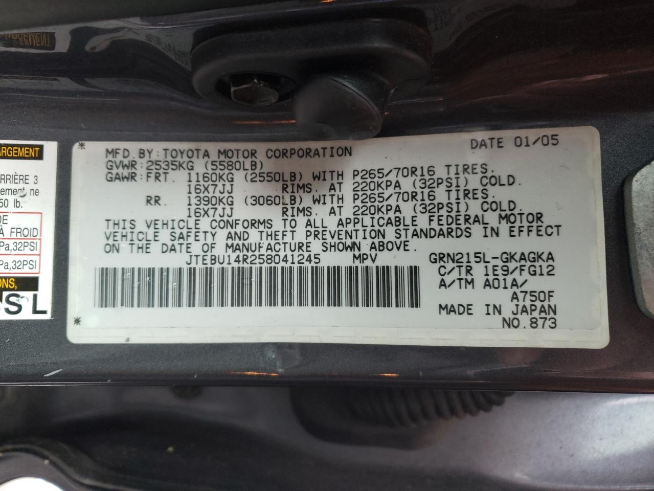 Photo 10 from auction – 2005 TOYOTA 4RUNNER SR with VIN JTEBU14R258041245