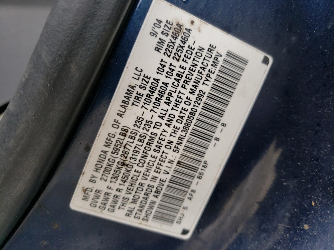 Photo 10 from auction – 2005 HONDA ODYSSEY TO with VIN 5FNRL38805B012992