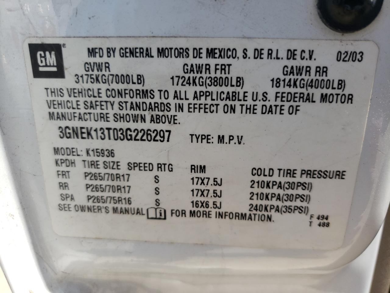 Photo 10 from auction – 2003 CHEVROLET AVALANCHE with VIN 3GNEK13T03G226297