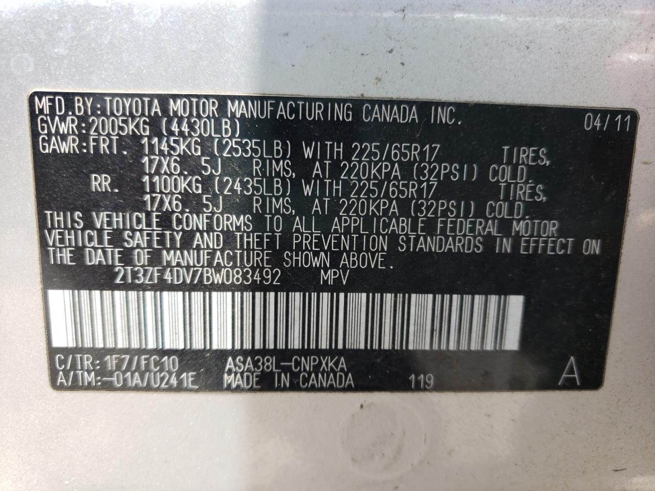 Photo 10 from auction – 2011 TOYOTA RAV4 with VIN 2T3ZF4DV7BW083492