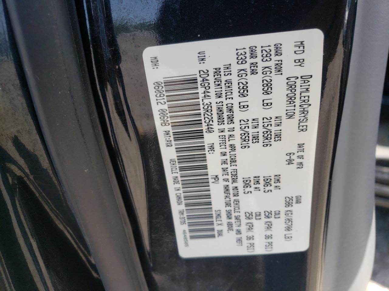 Photo 10 from auction – 2005 DODGE GRAND CARA with VIN 2D4GP44L35R225440