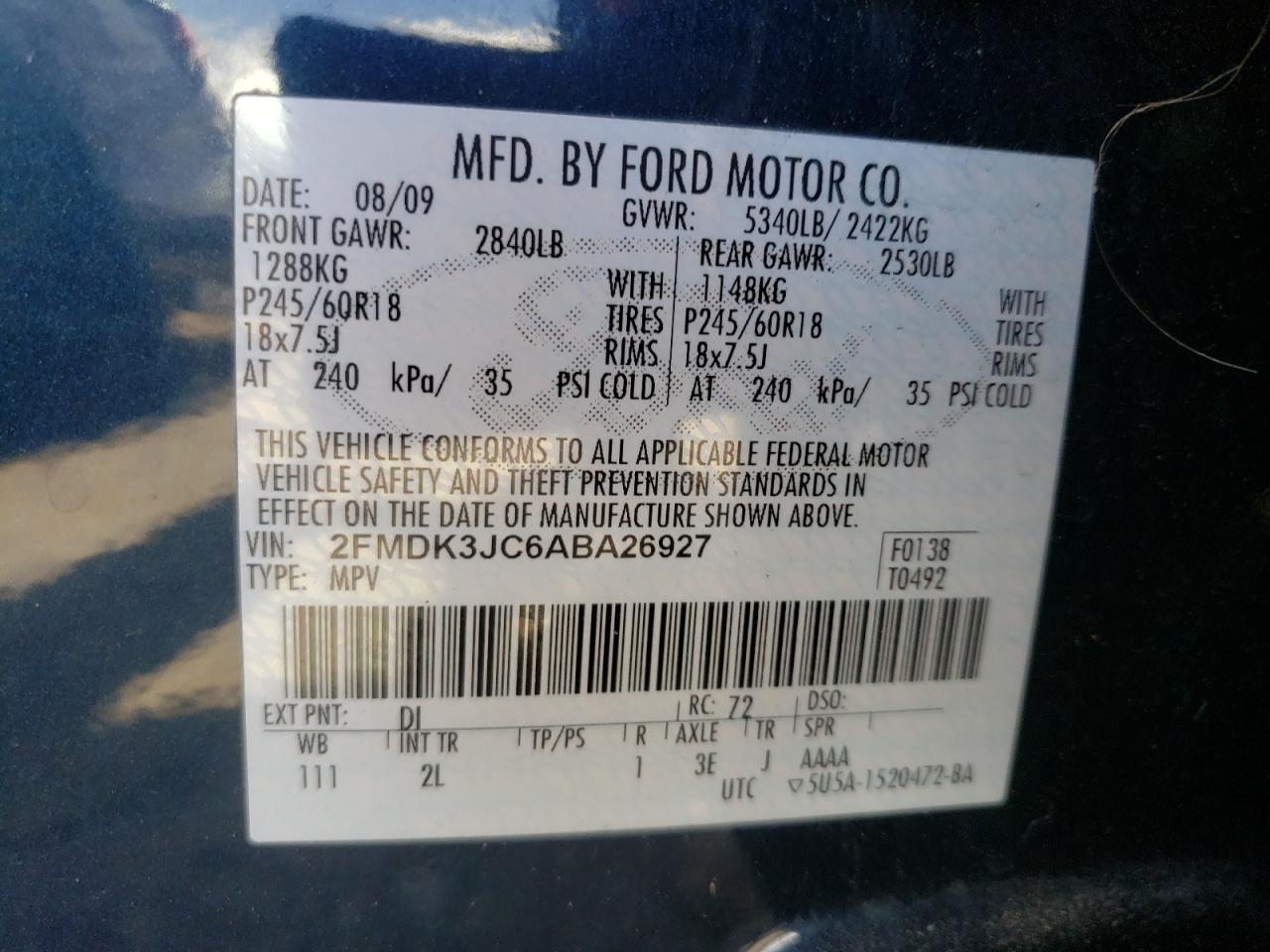 Photo 10 from auction – 2010 FORD EDGE SEL with VIN 2FMDK3JC6ABA26927