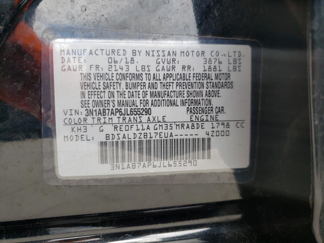 Photo 10 from auction – 2018 NISSAN SENTRA with VIN 3N1AB7AP6JL655290