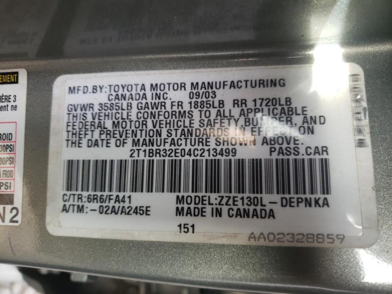 Photo 10 from auction – 2004 TOYOTA COROLLA CE with VIN 2T1BR32E04C213499