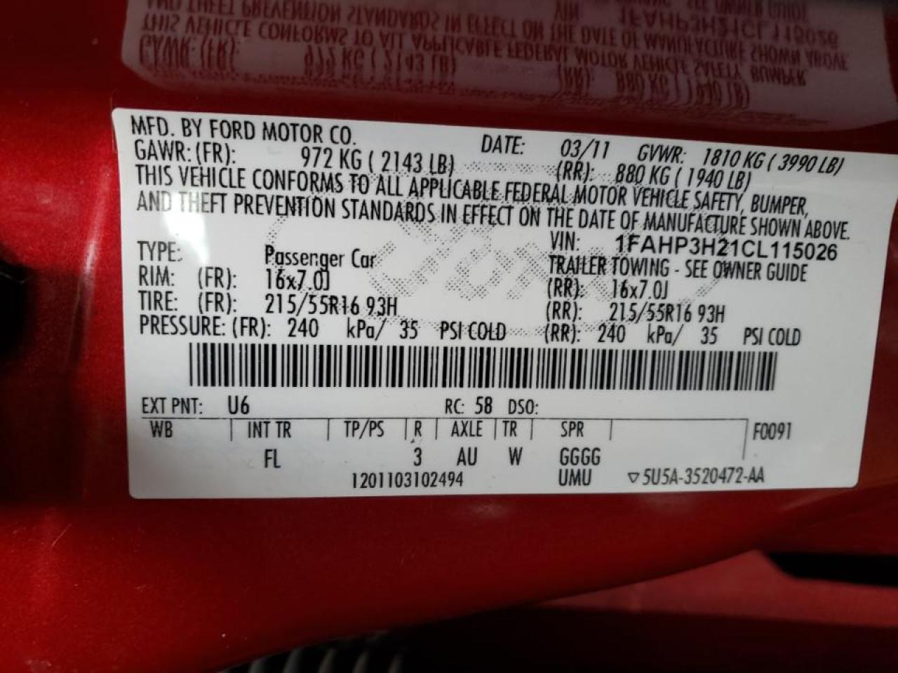 Photo 10 from auction – 2012 FORD FOCUS SEL with VIN 1FAHP3H21CL115026