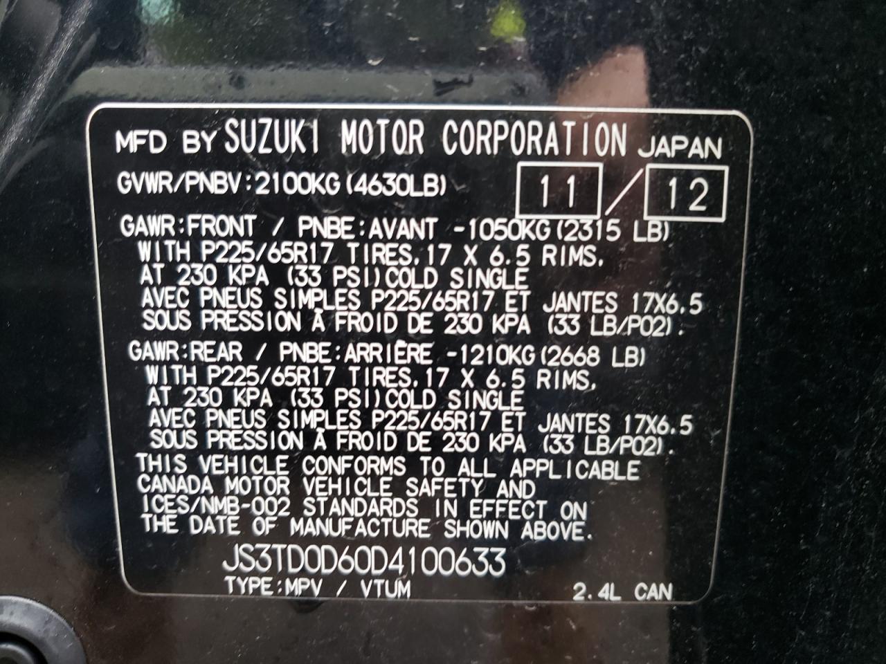 Photo 10 from auction – 2013 SUZUKI GRAND VITA with VIN JS3TD0D60D4100633