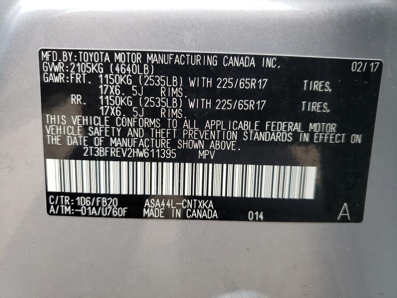 Photo 10 from auction – 2017 TOYOTA RAV4 LE with VIN 2T3BFREV2HW611395